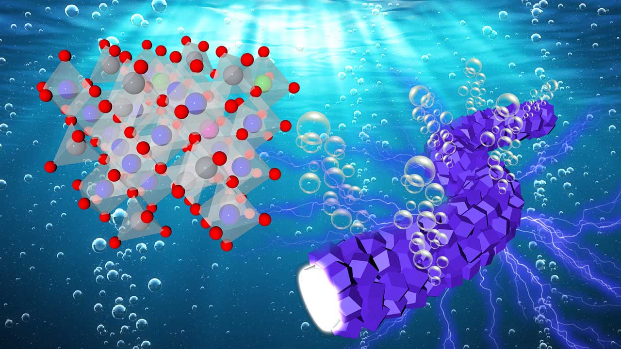 Illustration of red dots surrounding larger multicolored dots next to a blue shape with various polygons along its surface, all underwater with oxygen bubbles rising from the blue shape.