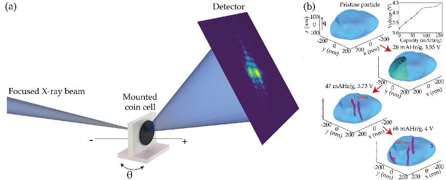 Graphic representation of an X-ray beam striking a sample and sending data to a detector at an APS beamline. 