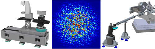 Three-dimensional engineering model of the small-angle and the wide-angle XPCS instrument and a simulated speckle pattern.